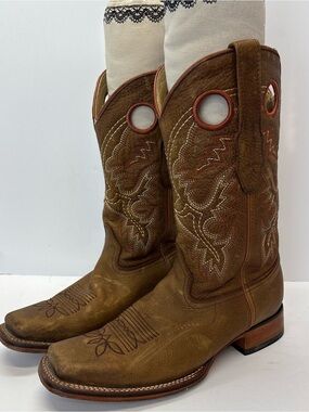 Los Altos Western Honey Tan Embroidered Men’s Western Boots 7.5 EE Rodeo Toe EUC